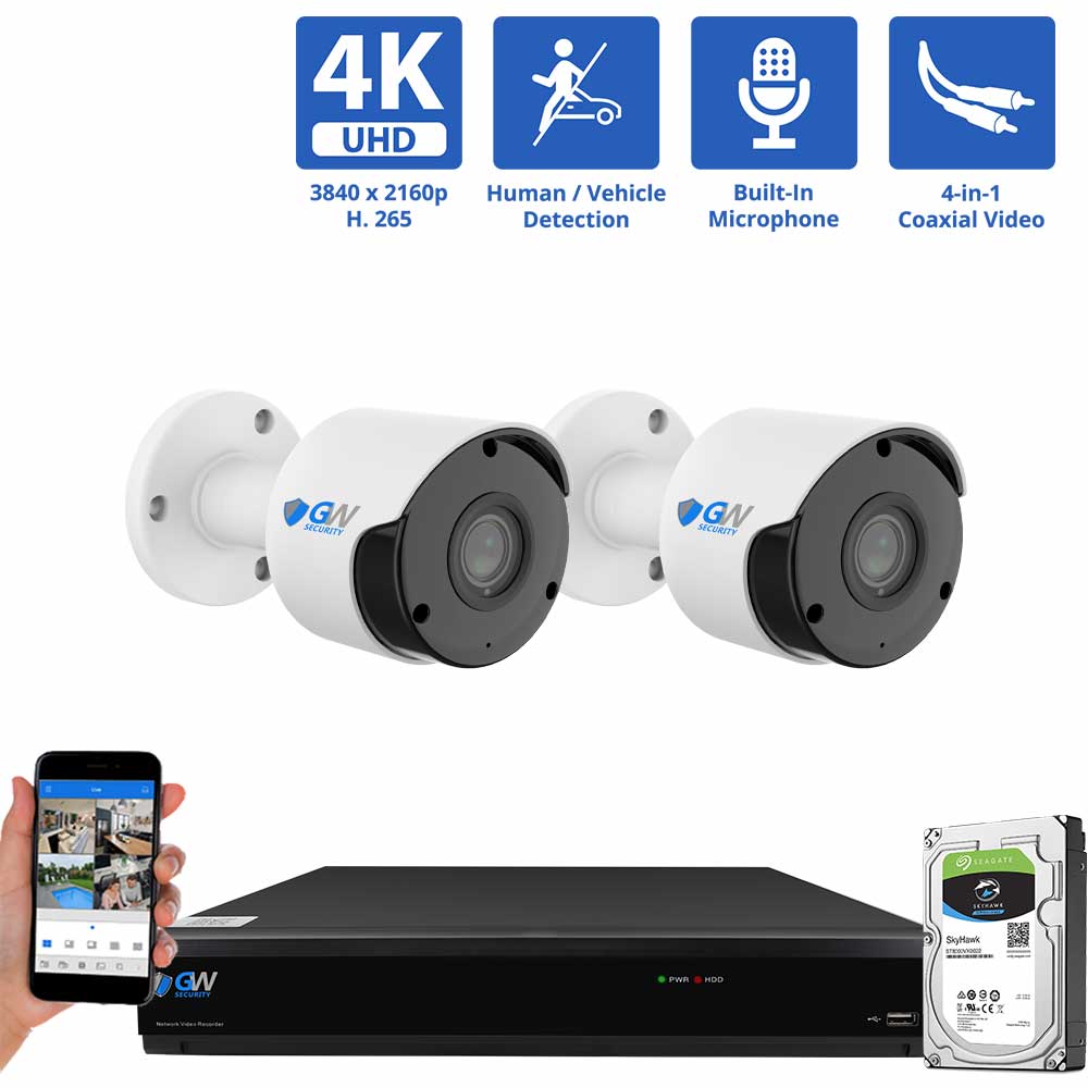 8 Channel Coaxial Security Camera System with 2 * 8MP Analog Bullet 3.6mm Fixed Lens Camera, Human / Vehicle Detection, Built-In Microphone