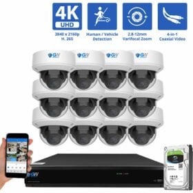 16 Channel Coaxial Security Camera System with 12 * 8MP Analog Dome 2.8-12mm Varifocal Lens Fixed Lens Camera, Human / Vehicle Detection