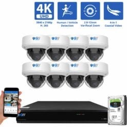 8 Channel Coaxial Security Camera System with 8 * 8MP Analog Dome 2.8-12mm Varifocal Lens Fixed Lens Camera, Human / Vehicle Detection