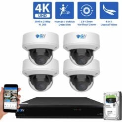 8 Channel Coaxial Security Camera System with 4 * 8MP Analog Dome 2.8-12mm Varifocal Lens Fixed Lens Camera, Human / Vehicle Detection