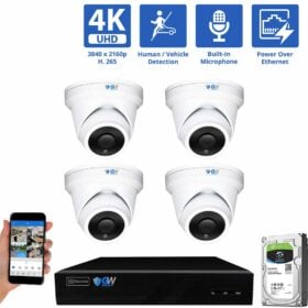 8 Channel NVR Security Camera System with 4 * 8MP IP Turret 2.8mm Fixed Lens Camera, Human / Vehicle Detection, Built-In Microphone, PoE