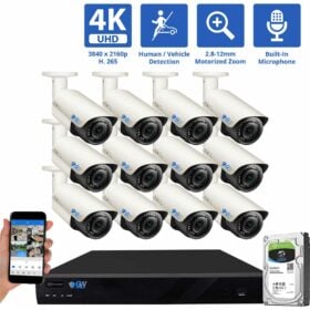 16 Channel NVR Security Camera System with 12 * 8MP IP Bullet 2.8-12mm Motorized Lens Camera, Vehicle / Human Detection, 4X Optical Zoom, Built-In Microphone, PoE
