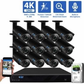 16 Channel NVR Security Camera System with 12 * 8MP IP Bullet 2.8-12mm Motorized Lens Camera, Vehicle / Human Detection, 4X Optical Zoom, Built-In Microphone, PoE