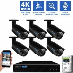 8 Channel NVR Security Camera System with 6 * 8MP IP Bullet 2.8-12mm Motorized Lens Camera, Human / Vehicle Detection, 4X Optical Zoom, Built-In Microphone, PoE