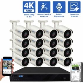 16 Channel NVR Security Camera System with 16 * 8MP IP Bullet 2.8mm Fixed Lens Camera, Built-In Microphone, Human / Vehicle Detection