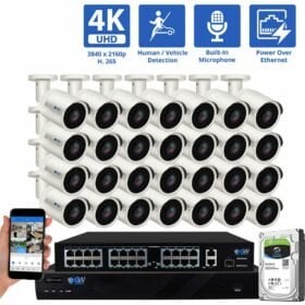 32 Channel NVR Security Camera System with 24 * 8MP IP Bullet 2.8mm Fixed Lens Camera, Built-In Microphone, Human / Vehicle Detection