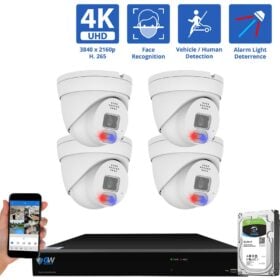 8 Channel NVR Security Camera System with 4 * 8MP IP Turret 3.6mm Fixed Lens Camera, Face Recognition, Human / Vehicle Detection, Full-Time Color Night Vision with Alarm Lights