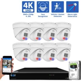 8 Channel NVR Security Camera System with 8 * 8MP IP Turret 3.6mm Fixed Lens Camera, Face Recognition, Human / Vehicle Detection, Full-time Color Night Vision with Alarm Lights