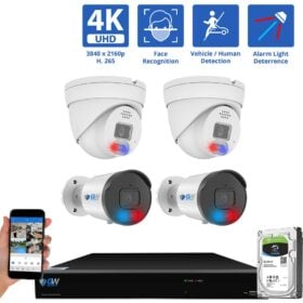 8 Channel NVR Security Camera System with 2 * 8MP IP Bullet 3.6mm Fixed Lens Camera,  2 * 8MP IP Turret 3.6mm Fixed Lens Camera Face Recognition, Human / Vehicle Detection, Full-time Color Night Vision with Alarm Lights
