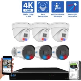 8 Channel NVR Security Camera System with 3 * 8MP IP Bullet 3.6mm Fixed Lens Camera,  3 * 8MP IP Turret 3.6mm Fixed Lens Camera Face Recognition, Human / Vehicle Detection, Full-time Color Night Vision with Alarm Lights