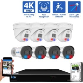 8 Channel NVR Security Camera System with 4 * 8MP IP Bullet 2.8mm Fixed Lens Camera,  4 * 8MP IP Turret 3.6mm Fixed Lens Camera Face Recognition, Human / Vehicle Detection, Full-time Color Night Vision with Alarm Lights