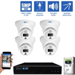 8 Channel NVR Security Camera System with 4 * 5MP IP Turret 2.8mm Fixed Lens Camera, Two-Way Audio, Full-time Color Night Vision, Spotlight, PoE