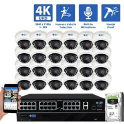 32 Channel NVR Security Camera System with 24 * 8MP IP Dome 2.8mm Fixed Lens Camera, Human / Vehicle Detection, Built-In Mic, Vandal-Proof, PoE
