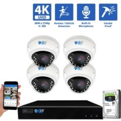 8 Channel NVR Security Camera System with 4 * 8MP IP Dome 2.8mm Fixed Lens Camera, Human / Vehicle Detection, Built-In Mic, Vandal-Proof, PoE