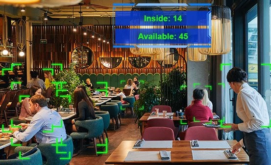 AI security camera performing crowd density analysis in a restaurant