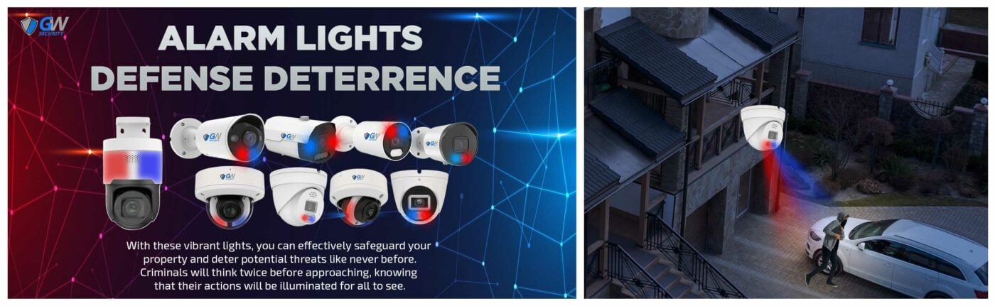 Security cameras with active deterrence alarm lights and siren features.