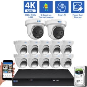 16 Channel NVR Thermal Security Camera System with 2 * 5MP IP Turret Thermal Bi-Spectrum Camera 10 * 8MP IP Turret 2.8mm Fixed Lens Camera, Smart AI, Human / Vehicle Detection