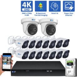 16 Channel NVR Security Camera System with 2 * 5MP IP Turret 4mm Fixed Lens Camera 14 * 8MP IP Bullet 2.8mm Fixed Lens Camera, Bi-Spectrum, Smart AI, Human / Vehicle Detection