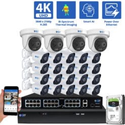 32 Channel NVR Security Camera System with 2 * 5MP IP Turret 4mm Fixed Lens Camera 22 * 8MP IP Bullet 2.8mm Fixed Lens Camera, Bi-Spectrum, Smart AI, Human / Vehicle Detection