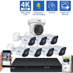 16 Channel NVR Security Camera System with 1 * 5MP IP Turret 4mm Fixed Lens Camera 7 * 8MP IP Bullet 2.8mm Fixed Lens Camera, Bi-Spectrum, Smart AI, Human / Vehicle Detection