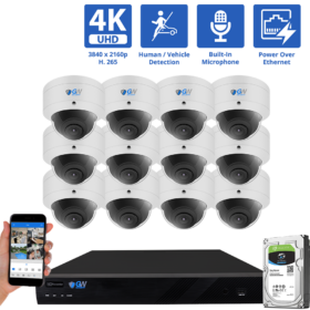16 Channel NVR Security Camera System with 12 * 8MP IP Dome 2.8mm Fixed Lens Camera, Human / Vehicle Detection, Built-In Microphone, PoE