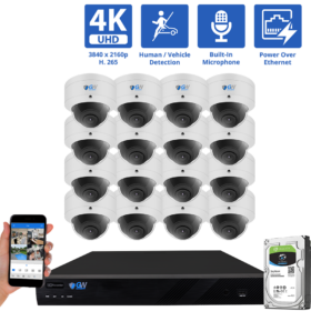 16 Channel NVR Security Camera System with 16 * 8MP IP Dome 2.8mm Fixed Lens Camera, Human / Vehicle Detection, Built-In Microphone, PoE