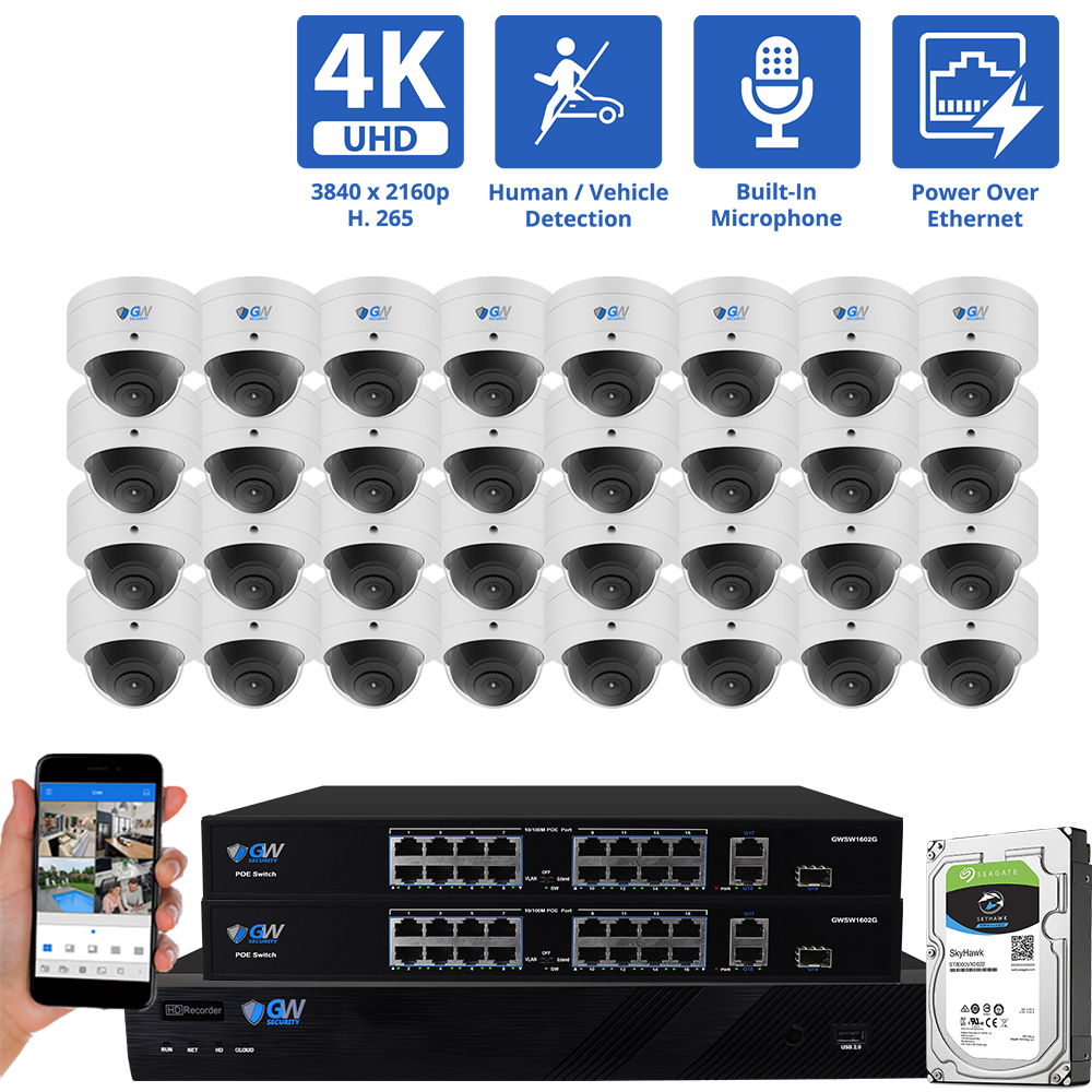 32 Channel NVR Security Camera System with 32 * 8MP IP Dome 2.8mm Fixed Lens Camera, Human / Vehicle Detection, Built-In Microphone, PoE