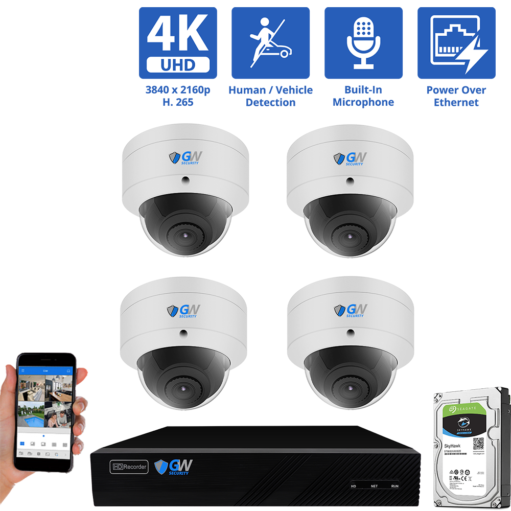 8 Channel NVR Security Camera System with 4 * 8MP IP Dome 2.8mm Fixed Lens Camera, Human / Vehicle Detection, Built-In Microphone, PoE