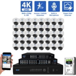 64 Channel NVR Security Camera System with 40 * 8MP IP Dome 2.8mm Fixed Lens Camera, Human / Vehicle Detection, Built-In Microphone, PoE