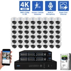 64 Channel NVR Security Camera System with 48 * 8MP IP Dome 2.8mm Fixed Lens Camera, Human / Vehicle Detection, Built-In Microphone, PoE