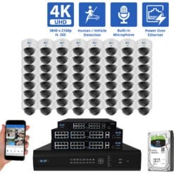 64 Channel NVR Security Camera System with 64 * 8MP IP Dome 2.8mm Fixed Lens Camera, Human / Vehicle Detection, Built-In Microphone, PoE