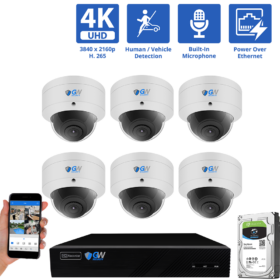 8 Channel NVR Security Camera System with 6 * 8MP IP Dome 2.8mm Fixed Lens Camera, Human / Vehicle Detection, Built-In Microphone, PoE