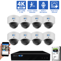 8 Channel NVR Security Camera System with 8 * 8MP IP Dome 2.8mm Fixed Lens Camera, Human / Vehicle Detection, Built-In Microphone, PoE