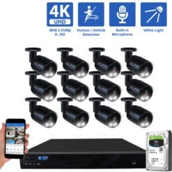16 Channel NVR Security Camera System with 12 * 8MP IP Bullet 2.8mm Fixed Lens Camera, Human / Vehicle Detection, Built-In Microphone, PoE, White Light