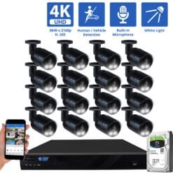 16 Channel NVR Security Camera System with 16 * 8MP IP Bullet 2.8mm Fixed Lens Camera, Human / Vehicle Detection, Built-In Microphone, PoE, White Light