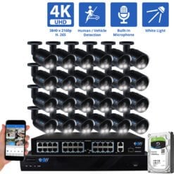 32 Channel NVR Security Camera System with 24 * 8MP IP Bullet 2.8mm Fixed Lens Camera, Human / Vehicle Detection, Built-In Microphone, PoE, White Light