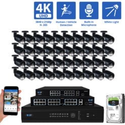 64 Channel NVR Security Camera System with 40 * 8MP IP Bullet 2.8mm Fixed Lens Camera, Human / Vehicle Detection, Built-In Microphone, PoE, White Light