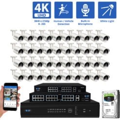 64 Channel NVR Security Camera System with 40 * 8MP IP Bullet 2.8mm Fixed Lens Camera, Human / Vehicle Detection, Built-In Microphone, PoE, White Light