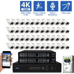 64 Channel NVR Security Camera System with 48 * 8MP IP Bullet 2.8mm Fixed Lens Camera, Human / Vehicle Detection, Built-In Microphone, PoE, White Light