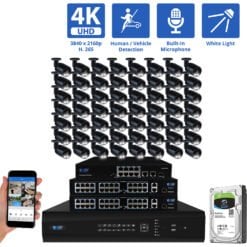 64 Channel NVR Security Camera System with 56 * 8MP IP Bullet 2.8mm Fixed Lens Camera, Human / Vehicle Detection, Built-In Microphone, PoE, White Light