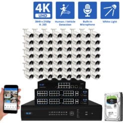 64 Channel NVR Security Camera System with 56 * 8MP IP Bullet 2.8mm Fixed Lens Camera, Human / Vehicle Detection, Built-In Microphone, PoE, White Light