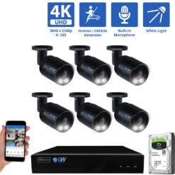 8 Channel NVR Security Camera System with 6 * 8MP IP Bullet 2.8mm Fixed Lens Camera, Human / Vehicle Detection, Built-In Microphone, PoE, White Light