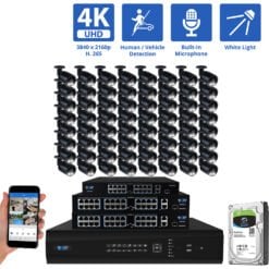 64 Channel NVR Security Camera System with 64 * 8MP IP Bullet 2.8mm Fixed Lens Camera, Human / Vehicle Detection, Built-In Microphone, PoE, White Light