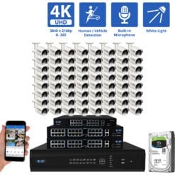 64 Channel NVR Security Camera System with 64 * 8MP IP Bullet 2.8mm Fixed Lens Camera, Human / Vehicle Detection, Built-In Microphone, PoE, White Light