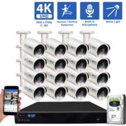 16 Channel NVR Security Camera System with 16 * 8MP IP Bullet 2.8mm Fixed Lens Camera, Human / Vehicle Detection, Built-In Microphone, PoE, White Light