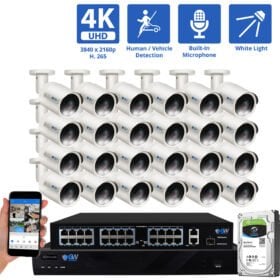 32 Channel NVR Security Camera System with 24 * 8MP IP Bullet 2.8mm Fixed Lens Camera, Human / Vehicle Detection, Built-In Microphone, PoE, White Light