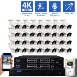 32 Channel NVR Security Camera System with 32 * 8MP IP Bullet 2.8mm Fixed Lens Camera, Human / Vehicle Detection, Built-In Microphone, PoE, White Light