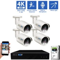 8 Channel NVR Security Camera System with 4 * 8MP IP Bullet 2.8mm Fixed Lens Camera, Human / Vehicle Detection, Built-In Microphone, PoE, White Light