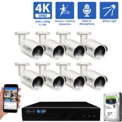 8 Channel NVR Security Camera System with 8 * 8MP IP Bullet 2.8mm Fixed Lens Camera, Human / Vehicle Detection, Built-In Microphone, PoE, White Light