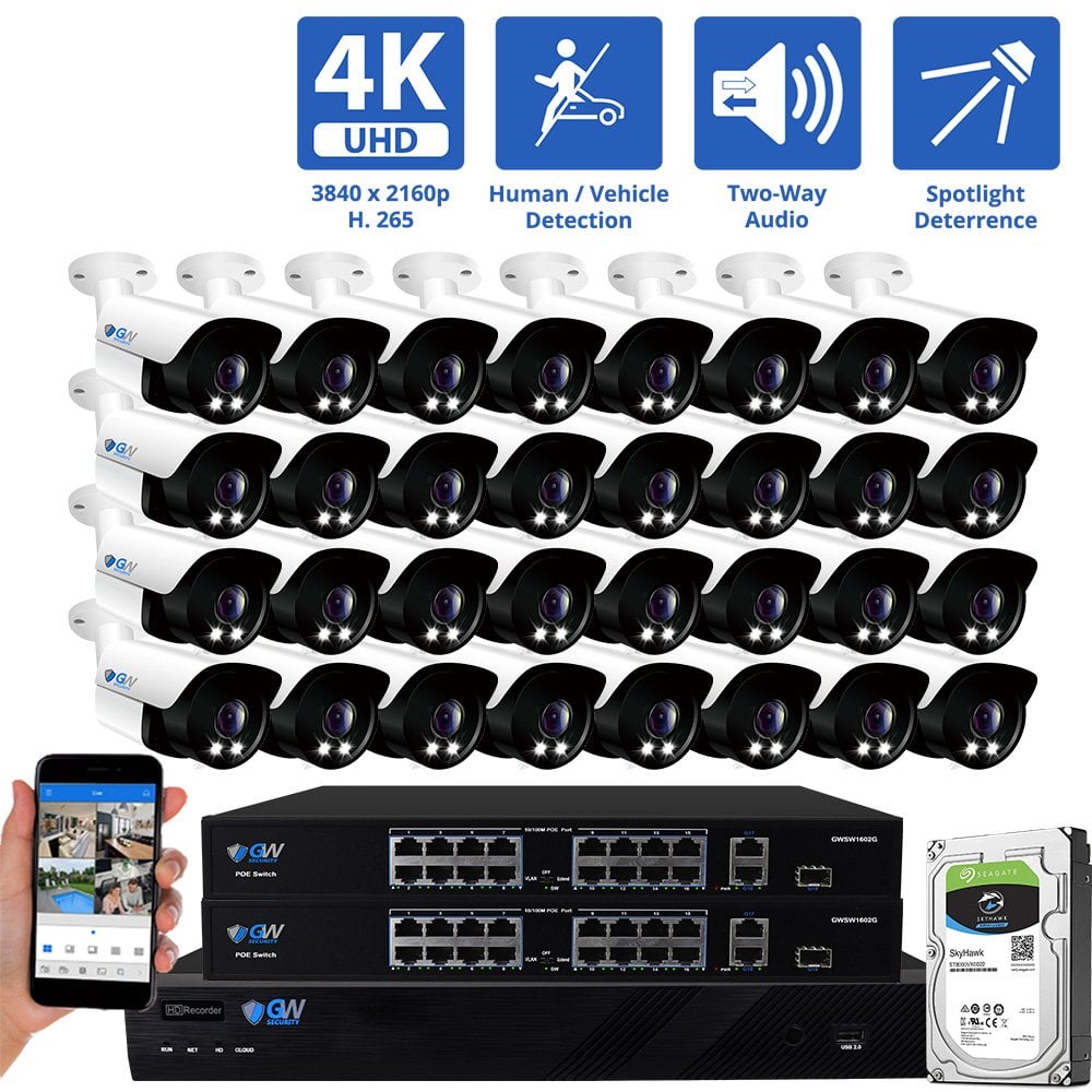 32 Channel NVR Security Camera System with 32 * 8MP IP Bullet 2.8mm Fixed Lens Camera, Human / Vehicle Detection, Built-In Microphone, PoE, White Light
